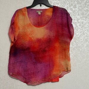 Energe World Wear Tie Dye Blouse Top Small Orange Red Rhinestone Trim Sheer Sz S